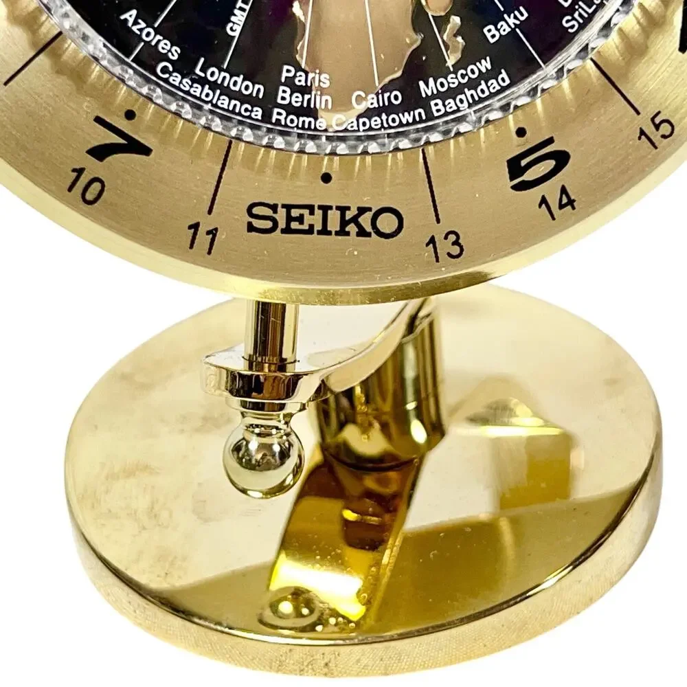 Seiko World Time Globe Desk Table Clock Gold-Tone QHG106GLH New